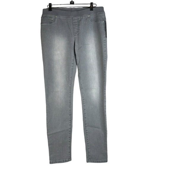Chico’s Platinum Pull On Comfort Pant Oil Wash Gray Factory Fade Thigh Size 0 - Picture 1 of 10